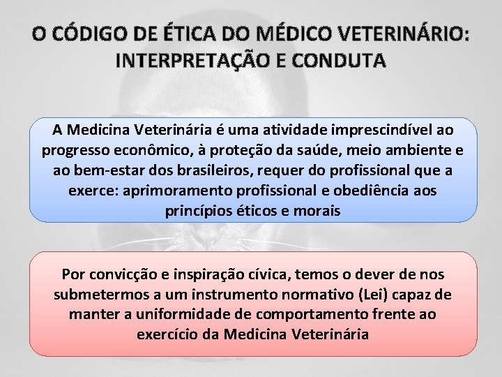 O CÓDIGO DE ÉTICA DO MÉDICO VETERINÁRIO: INTERPRETAÇÃO E CONDUTA A Medicina Veterinária é