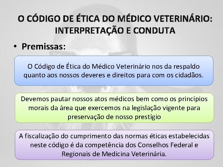 O CÓDIGO DE ÉTICA DO MÉDICO VETERINÁRIO: INTERPRETAÇÃO E CONDUTA • Premissas: O Código