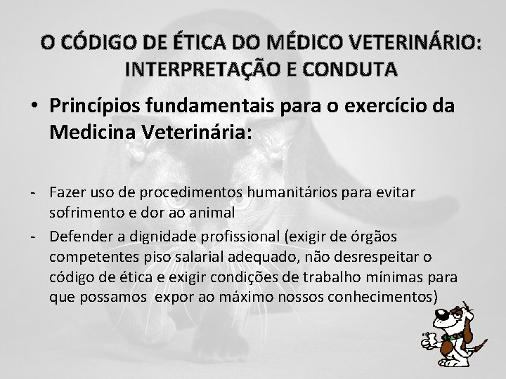 O CÓDIGO DE ÉTICA DO MÉDICO VETERINÁRIO: INTERPRETAÇÃO E CONDUTA • Princípios fundamentais para