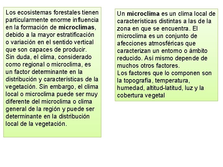 Los ecosistemas forestales tienen particularmente enorme influencia en la formación de microclimas, debido a