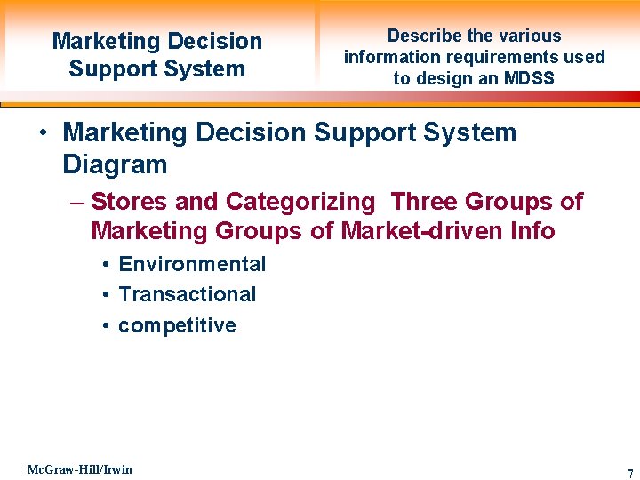 Marketing Decision Support System Describe the various information requirements used to design an MDSS Marketing Decision Support System Describe the various information requirements used to design an MDSS