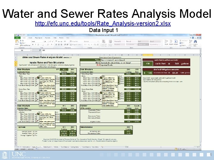 Water and Sewer Rates Analysis Model http: //efc. unc. edu/tools/Rate_Analysis-version 2. xlsx Data Input Water and Sewer Rates Analysis Model http: //efc. unc. edu/tools/Rate_Analysis-version 2. xlsx Data Input