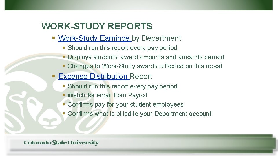 WORK-STUDY REPORTS § Work-Study Earnings by Department § Should run this report every pay