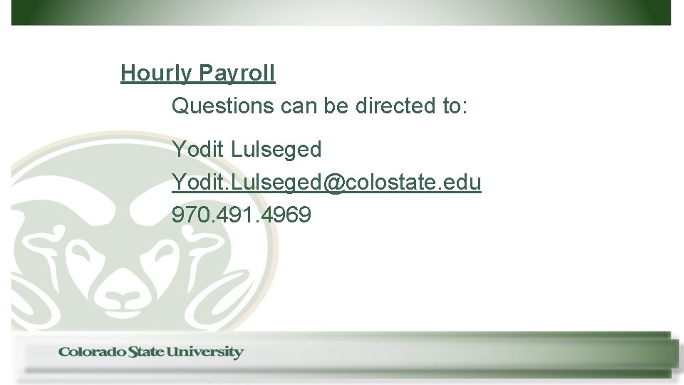 Hourly Payroll Questions can be directed to: Yodit Lulseged Yodit. Lulseged@colostate. edu 970. 491.