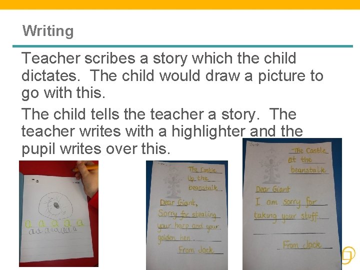 Writing Teacher scribes a story which the child dictates. The child would draw a