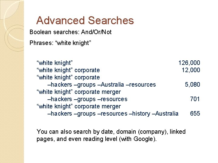 Advanced Searches Boolean searches: And/Or/Not Phrases: “white knight” 126, 000 “white knight” corporate 12,