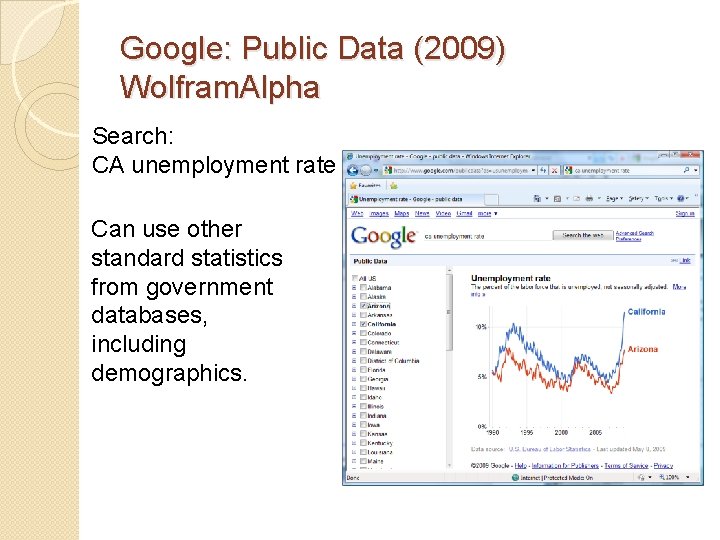 Google: Public Data (2009) Wolfram. Alpha Search: CA unemployment rate Can use other standard