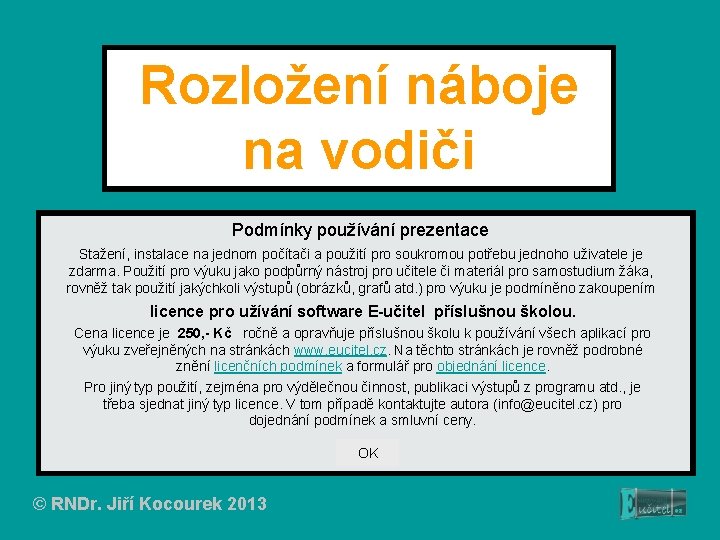 Rozložení náboje na vodiči Podmínky používání prezentace Stažení, instalace na jednom počítači a použití