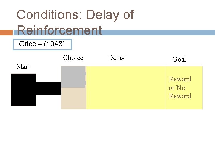 Conditions: Delay of Reinforcement Grice – (1948) Choice Start Delay Goal Reward or No