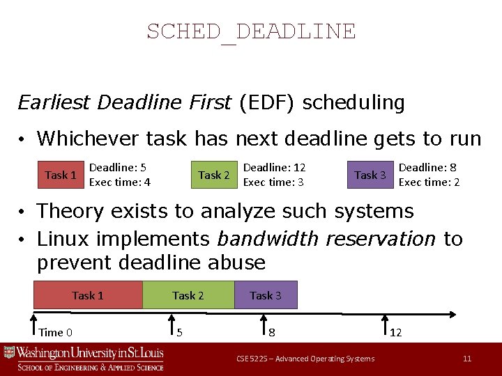 SCHED_DEADLINE Earliest Deadline First (EDF) scheduling • Whichever task has next deadline gets to