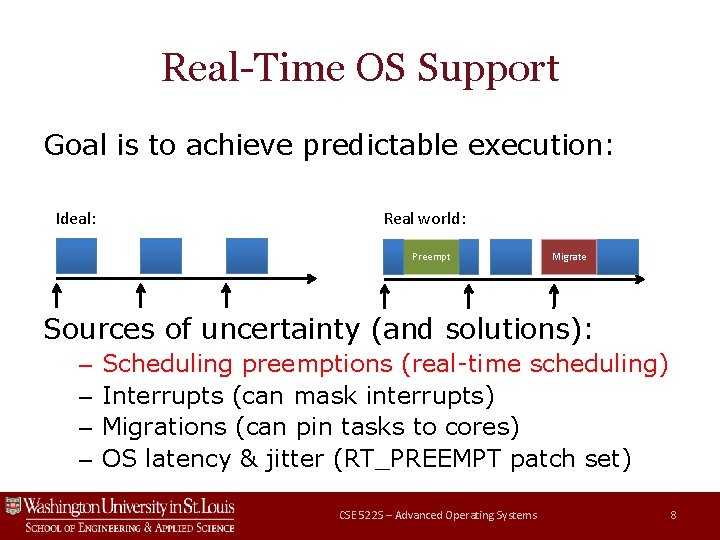 Real-Time OS Support Goal is to achieve predictable execution: Ideal: Real world: Preempt Migrate