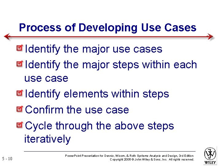 Process of Developing Use Cases Identify the major use cases Identify the major steps