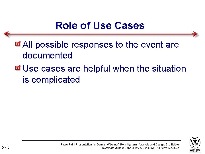 Role of Use Cases All possible responses to the event are documented Use cases