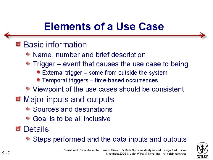 Elements of a Use Case Basic information Name, number and brief description Trigger –