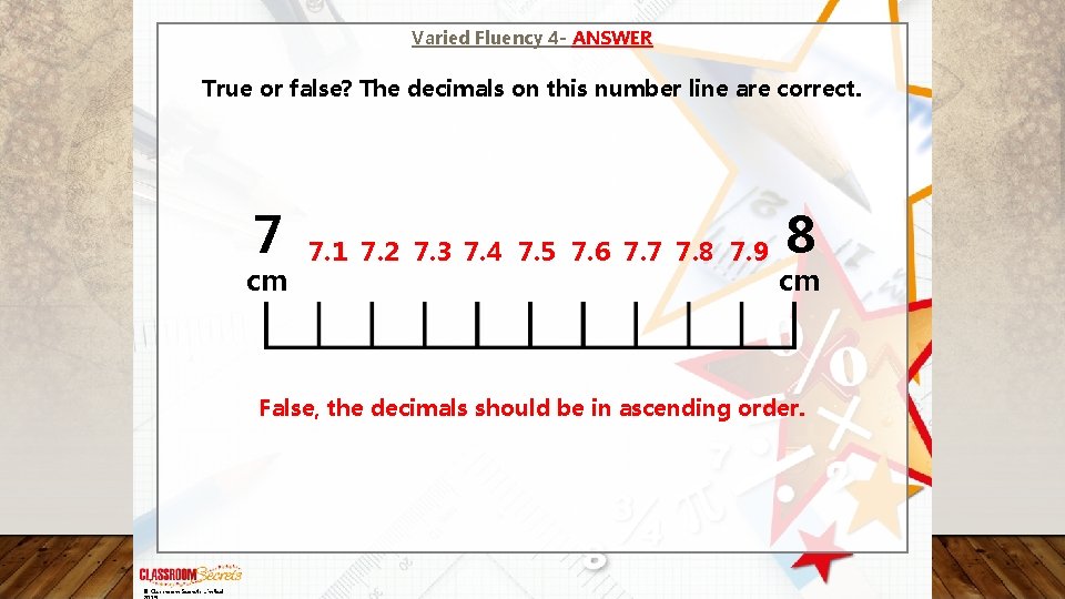 Varied Fluency 4 - ANSWER True or false? The decimals on this number line