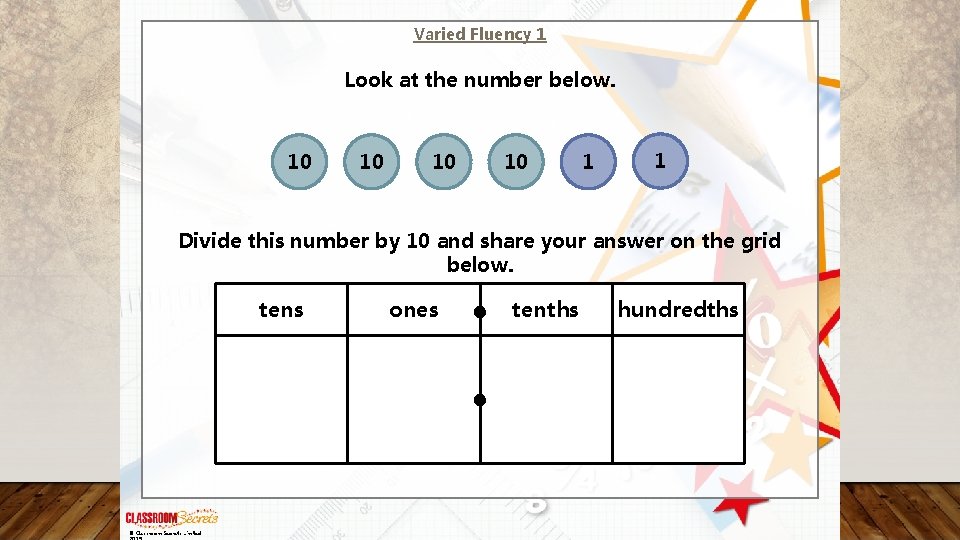 Varied Fluency 1 Look at the number below. 10 10 1 1 Divide this