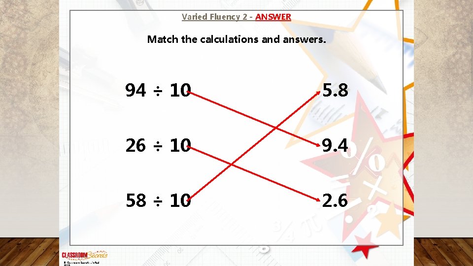Varied Fluency 2 - ANSWER Match the calculations and answers. © Classroom Secrets Limited