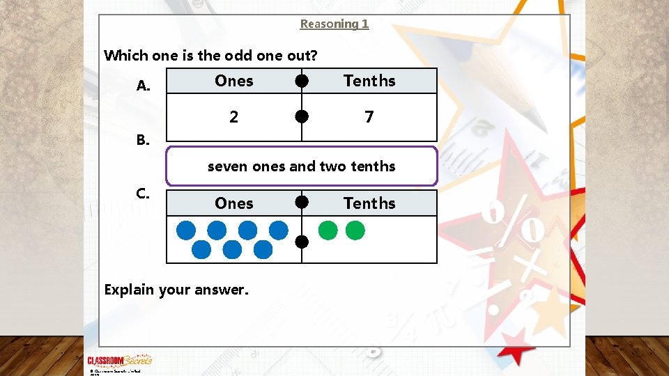 Reasoning 1 Which one is the odd one out? A. Ones Tenths 2 7