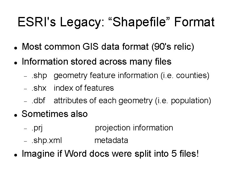 ESRI's Legacy: “Shapefile” Format Most common GIS data format (90's relic) Information stored across