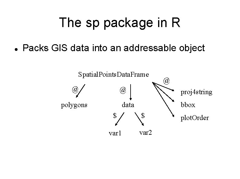 The sp package in R Packs GIS data into an addressable object Spatial. Points.