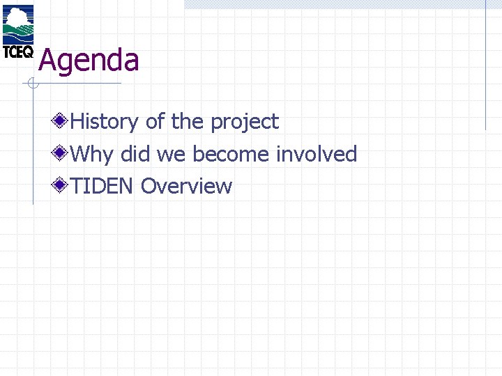 Agenda History of the project Why did we become involved TIDEN Overview 