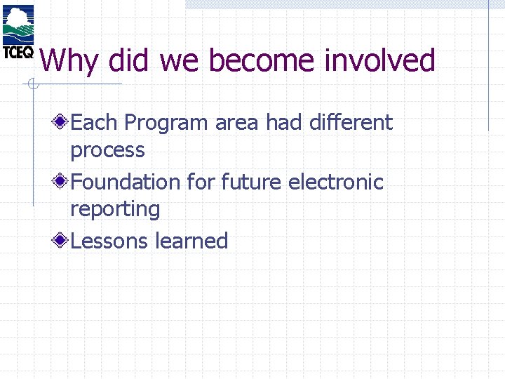 Why did we become involved Each Program area had different process Foundation for future