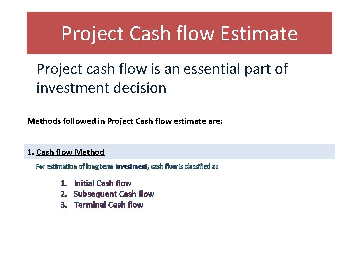 Project Cash flow Estimate Project cash flow is an essential part of investment decision