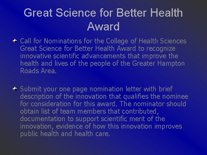 Great Science for Better Health Award Call for Nominations for the College of Health