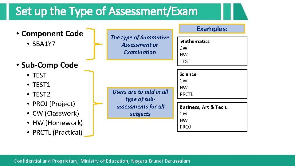 Set up the Type of Assessment/Exam • Component Code • SBA 1 Y 7