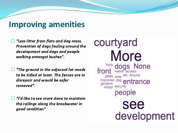 Improving amenities � “Less litter from flats and dog mess. Prevention of dogs fouling