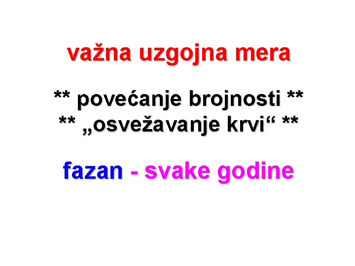 važna uzgojna mera ** povećanje brojnosti ** ** „osvežavanje krvi“ ** fazan - svake