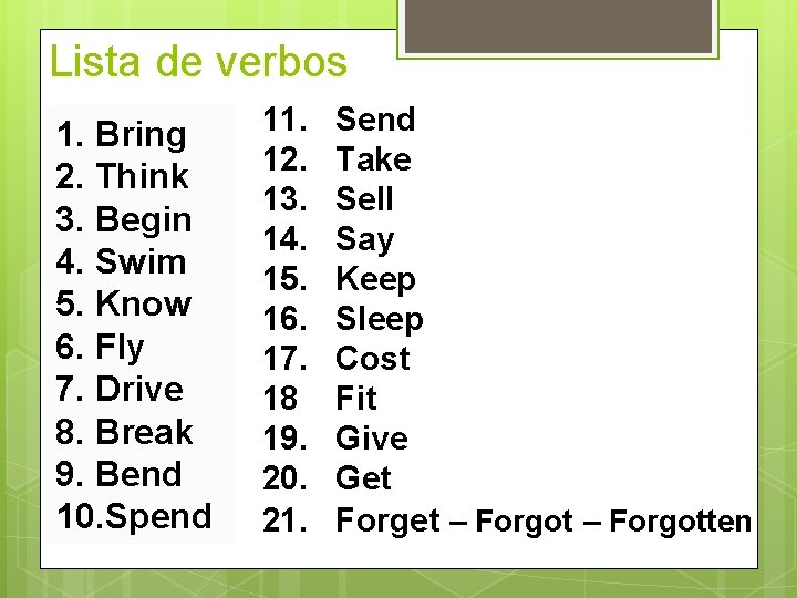 Lista de verbos 1. Bring 2. Think 3. Begin 4. Swim 5. Know 6.