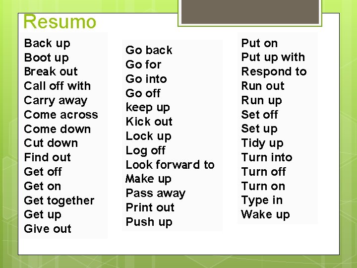 Resumo Back up Boot up Break out Call off with Carry away Come across