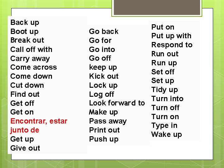 Back up Boot up Break out Call off with Carry away Come across Come