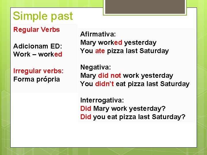 Simple past Regular Verbs Adicionam ED: Work – worked Irregular verbs: Forma própria Afirmativa: