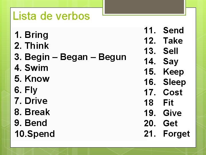 Lista de verbos 1. Bring 2. Think 3. Begin – Began – Begun 4.