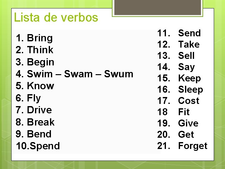 Lista de verbos 1. Bring 2. Think 3. Begin 4. Swim – Swam –