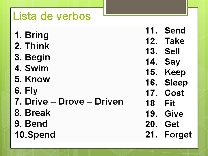 Lista de verbos 1. Bring 2. Think 3. Begin 4. Swim 5. Know 6.