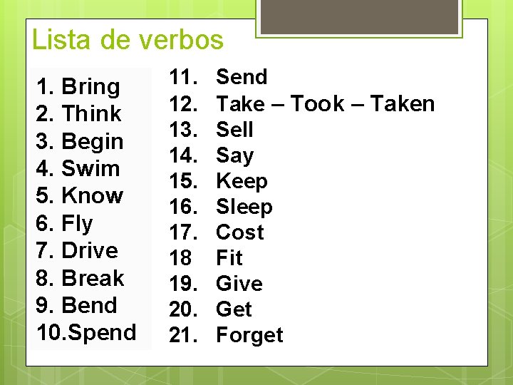 Lista de verbos 1. Bring 2. Think 3. Begin 4. Swim 5. Know 6.