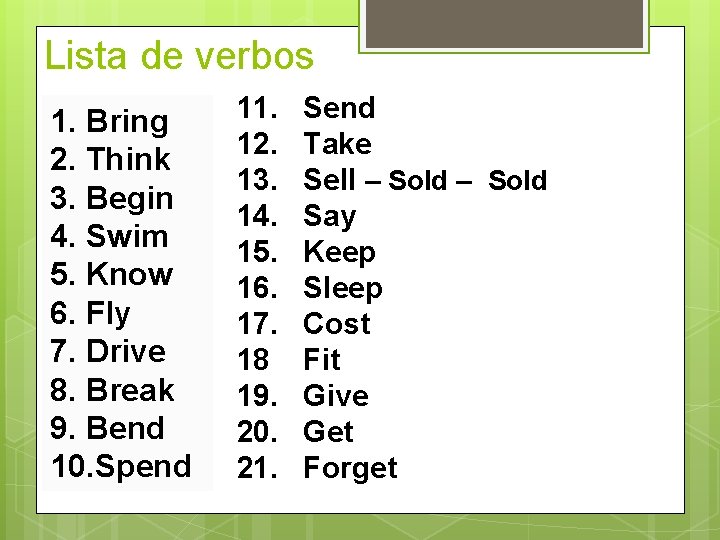 Lista de verbos 1. Bring 2. Think 3. Begin 4. Swim 5. Know 6.