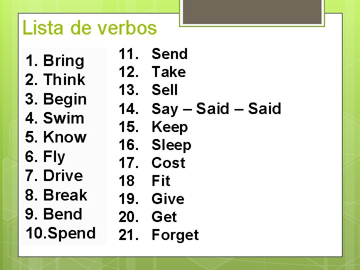 Lista de verbos 1. Bring 2. Think 3. Begin 4. Swim 5. Know 6.