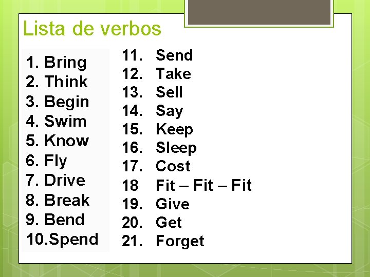 Lista de verbos 1. Bring 2. Think 3. Begin 4. Swim 5. Know 6.