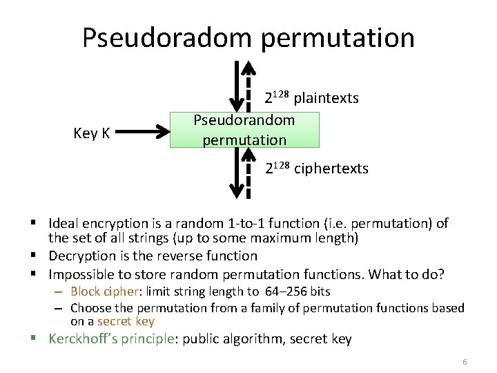 Pseudoradom permutation Key K 2128 plaintexts Pseudorandom permutation 2128 ciphertexts § Ideal encryption is Pseudoradom permutation Key K 2128 plaintexts Pseudorandom permutation 2128 ciphertexts § Ideal encryption is