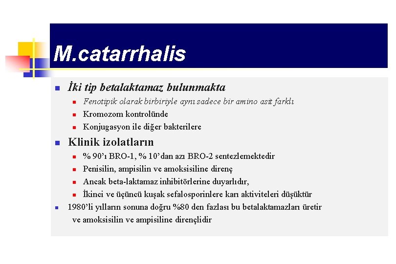 M. catarrhalis n İki tip betalaktamaz bulunmakta n n Klinik izolatların % 90’ı BRO-1,