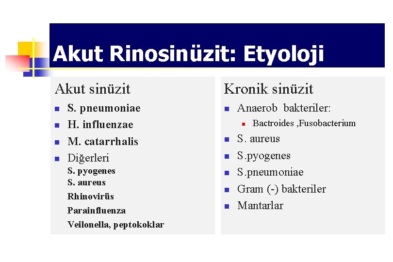 Akut Rinosinüzit: Etyoloji Akut sinüzit n n S. pneumoniae H. influenzae M. catarrhalis Diğerleri