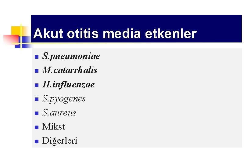 Akut otitis media etkenler n n n n S. pneumoniae M. catarrhalis H. influenzae