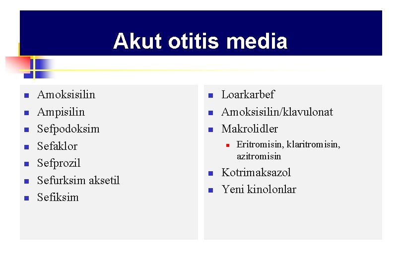 Akut otitis media n n n n Amoksisilin Ampisilin Sefpodoksim Sefaklor Sefprozil Sefurksim aksetil