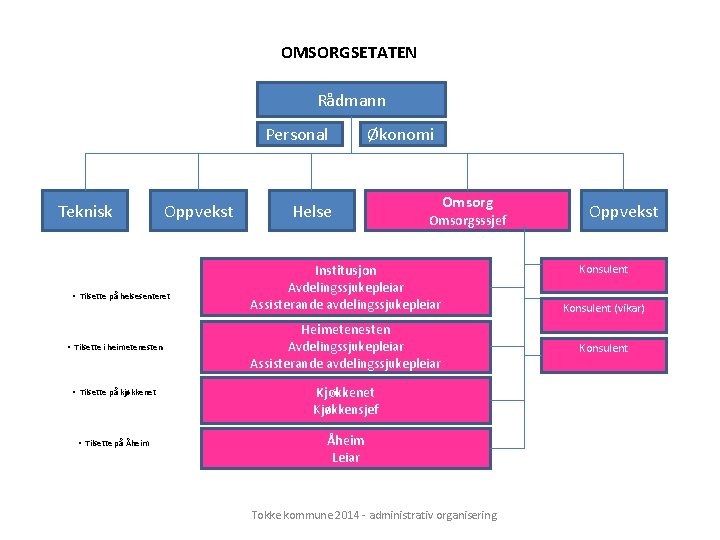 OMSORGSETATEN Rådmann Personal Teknisk Oppvekst • Tilsette på helsesenteret • Tilsette i heimetenesten •