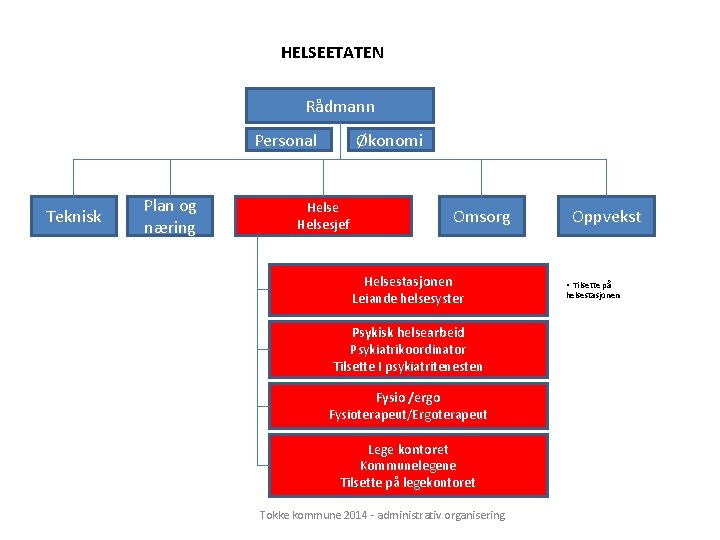 HELSEETATEN Rådmann Personal Teknisk Plan og næring Økonomi Helsesjef Omsorg Helsestasjonen Leiande helsesyster Psykisk