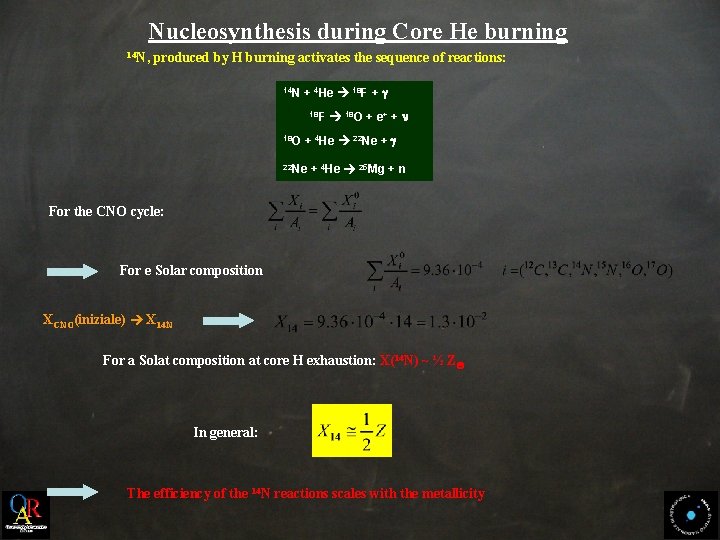 Nucleosynthesis during Core He burning 14 N, produced by H burning activates the sequence
